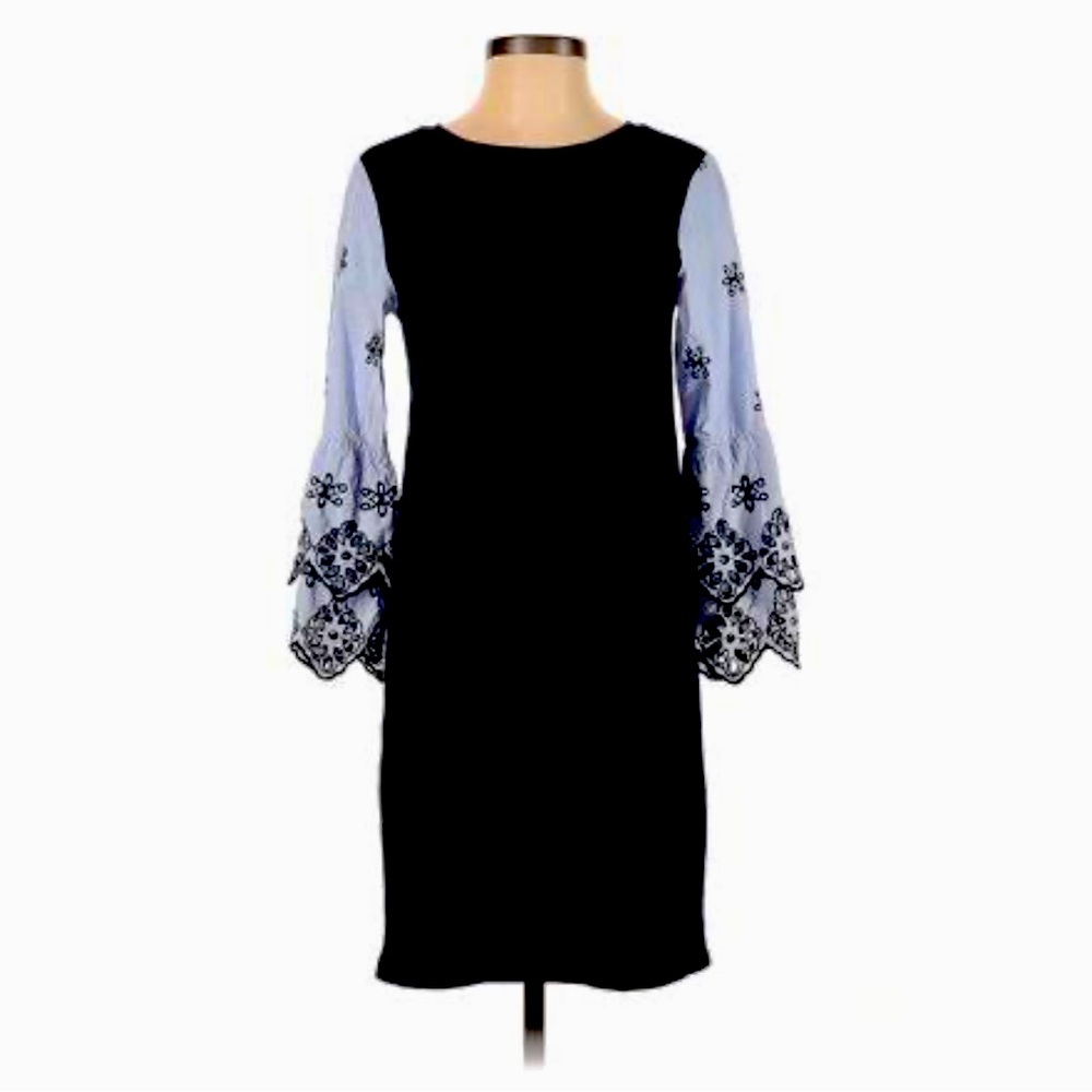 Ann Taylor LOFT Blue dress. Size Large. Eyelet embroidery on 3/4 bell sleeves.